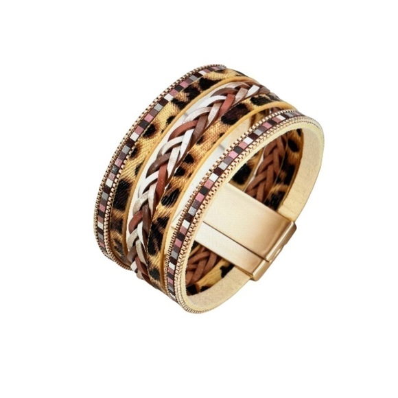 Boho Multi Layer Leather Braided Leopard Pattern Magnetic Buckle Bracelet - Picture 5 of 7